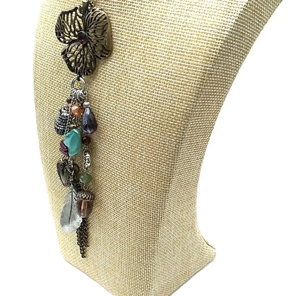 M&S Long Boho Charm Necklace Mixed Metals Colorful Beads Nature-Inspired Dangles